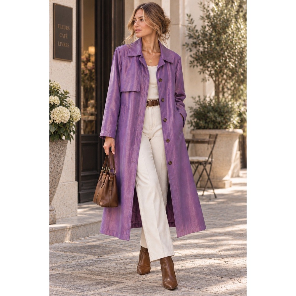 Misty Harbor Womens 12 Iridescent Purple Trench Coat Long Paisley Lined Vintage
